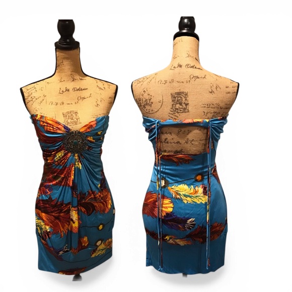 Sky Dresses & Skirts - Sky Blue Mini Strapless Dress with Feather Print